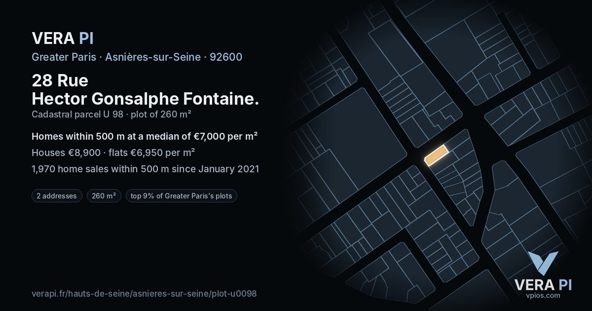 28 Rue Hector Gonsalphe Fontaine, Asnières-sur-Seine at night – the plot lit, the parcels around coloured by the prices near them