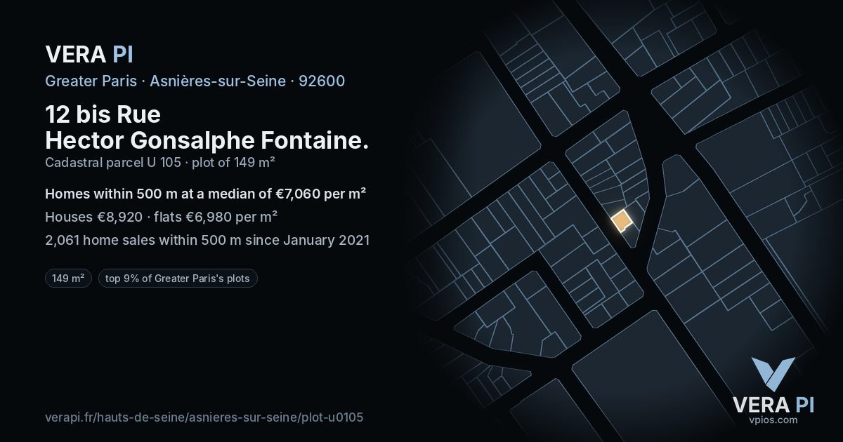 12 bis Rue Hector Gonsalphe Fontaine, Asnières-sur-Seine at night – the plot lit, the parcels around coloured by the prices near them