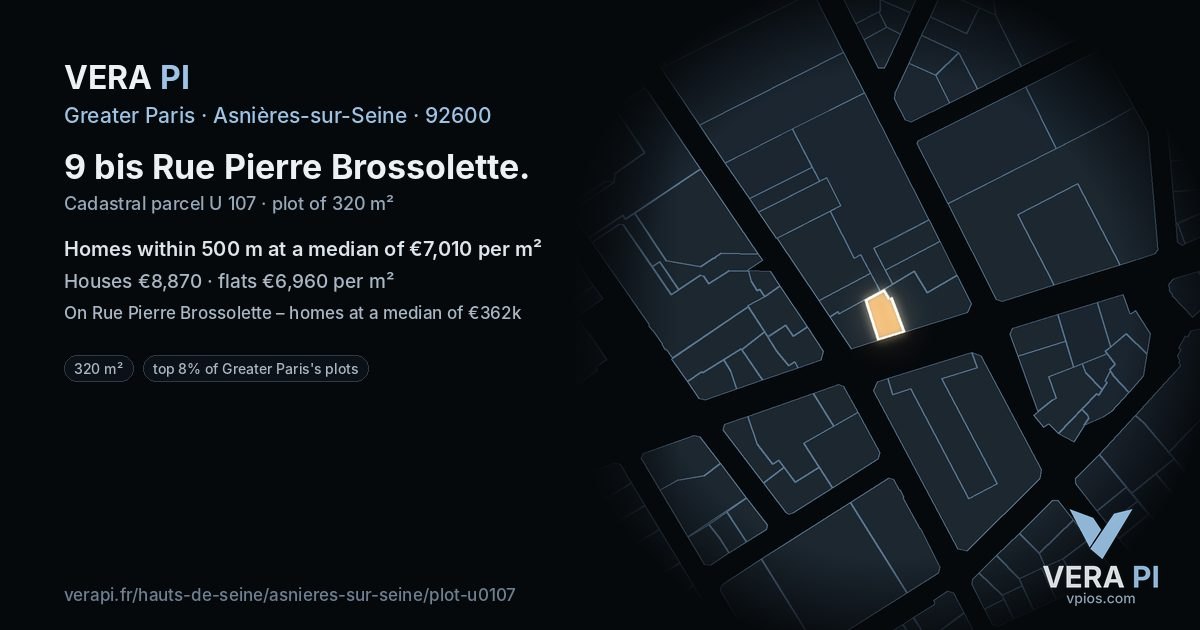 9 bis Rue Pierre Brossolette, Asnières-sur-Seine at night – the plot lit, the parcels around coloured by the prices near them