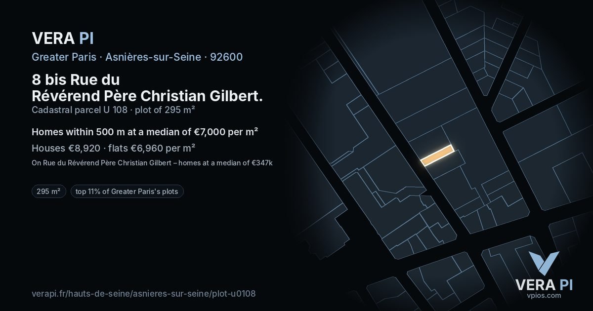 8 bis Rue du Révérend Père Christian Gilbert, Asnières-sur-Seine at night – the plot lit, the parcels around coloured by the prices near them