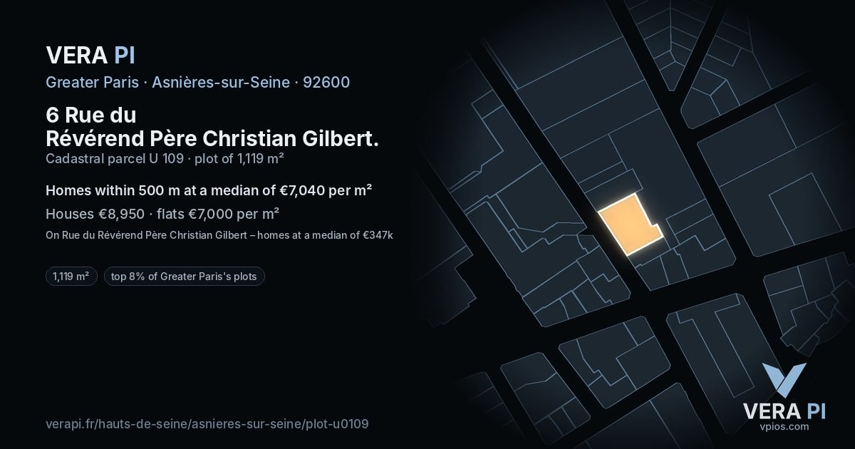 6 Rue du Révérend Père Christian Gilbert, Asnières-sur-Seine at night – the plot lit, the parcels around coloured by the prices near them