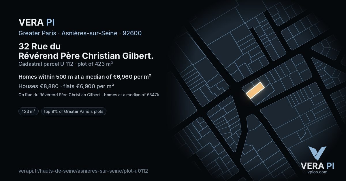 32 Rue du Révérend Père Christian Gilbert, Asnières-sur-Seine at night – the plot lit, the parcels around coloured by the prices near them