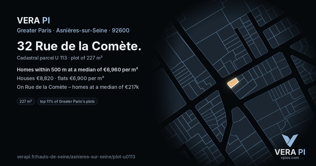 32 Rue de la Comète, Asnières-sur-Seine at night – the plot lit, the parcels around coloured by the prices near them