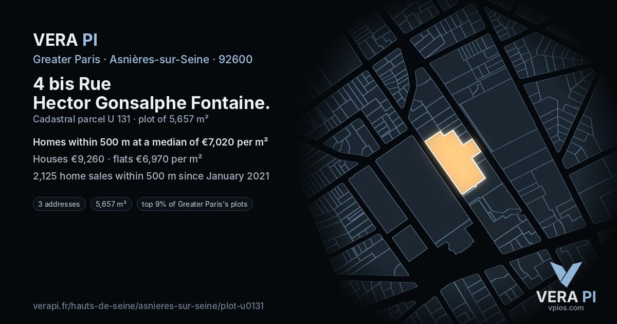 4 bis Rue Hector Gonsalphe Fontaine, Asnières-sur-Seine at night – the plot lit, the parcels around coloured by the prices near them