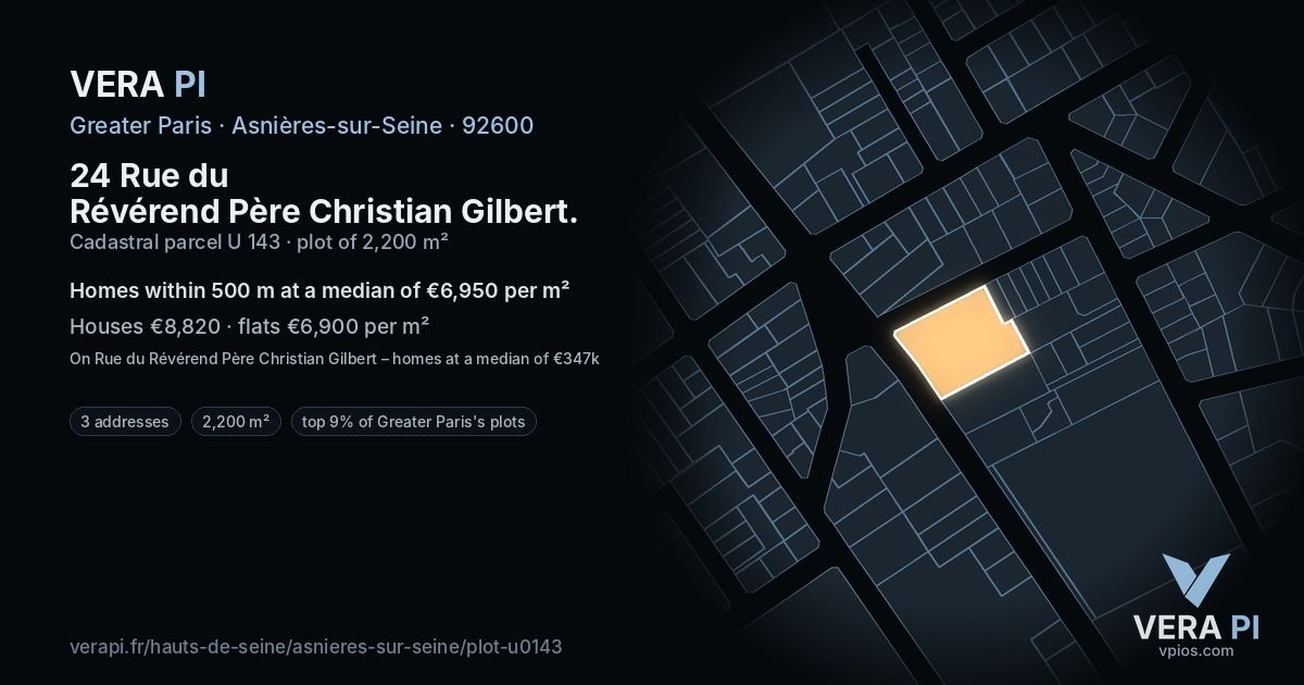 24 Rue du Révérend Père Christian Gilbert, Asnières-sur-Seine at night – the plot lit, the parcels around coloured by the prices near them