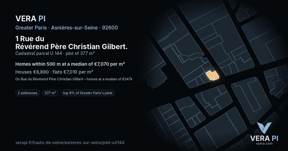 1 Rue du Révérend Père Christian Gilbert, Asnières-sur-Seine at night – the plot lit, the parcels around coloured by the prices near them