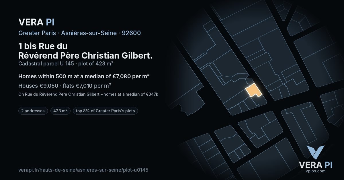 1 bis Rue du Révérend Père Christian Gilbert, Asnières-sur-Seine at night – the plot lit, the parcels around coloured by the prices near them