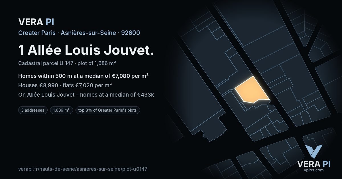 1 Allée Louis Jouvet, Asnières-sur-Seine at night – the plot lit, the parcels around coloured by the prices near them