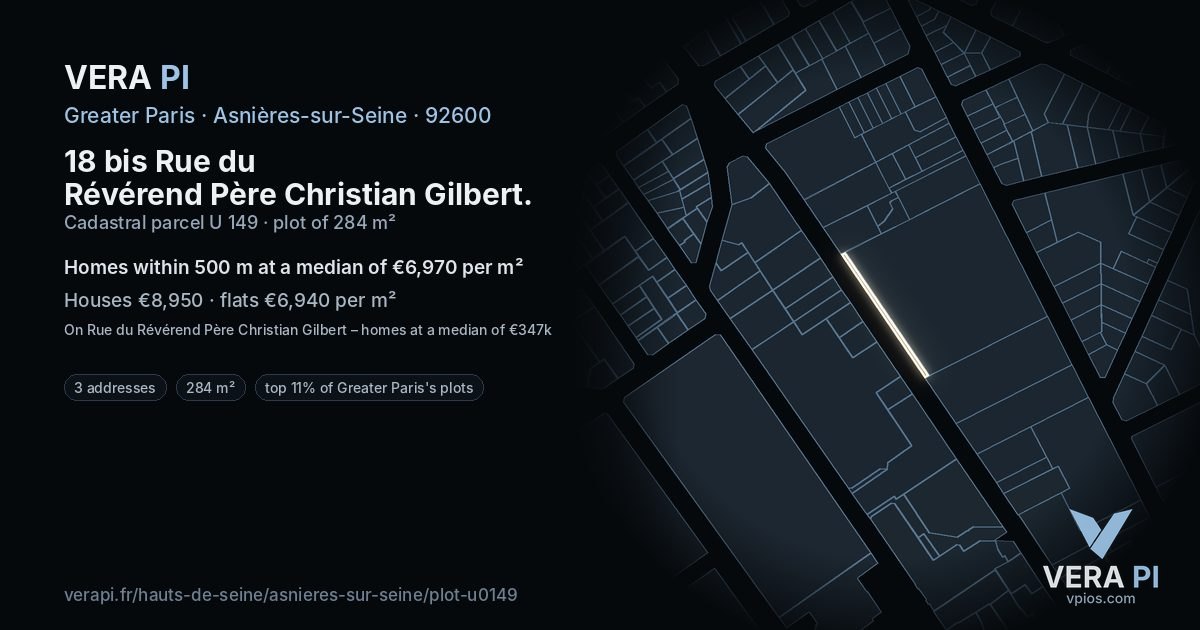 18 bis Rue du Révérend Père Christian Gilbert, Asnières-sur-Seine at night – the plot lit, the parcels around coloured by the prices near them