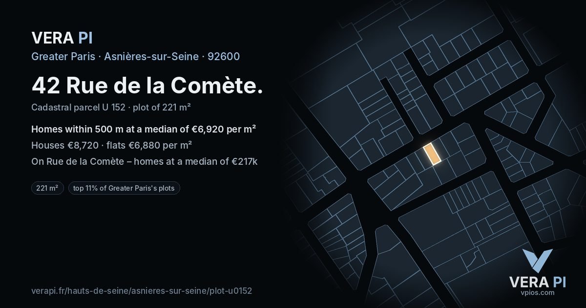 42 Rue de la Comète, Asnières-sur-Seine at night – the plot lit, the parcels around coloured by the prices near them