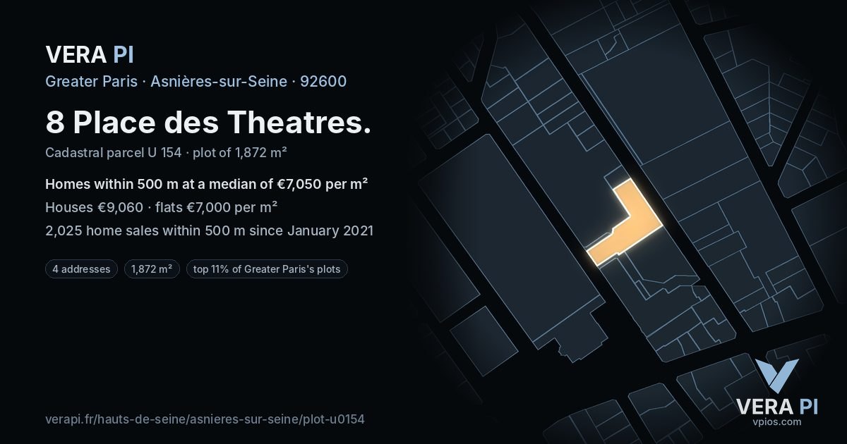 8 Place des Theatres, Asnières-sur-Seine at night – the plot lit, the parcels around coloured by the prices near them