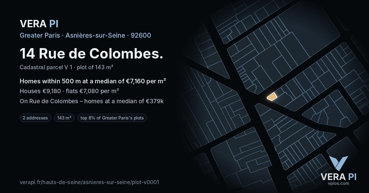 14 Rue de Colombes, Asnières-sur-Seine at night – the plot lit, the parcels around coloured by the prices near them