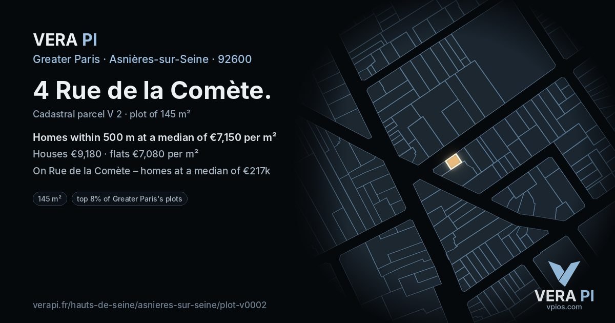 4 Rue de la Comète, Asnières-sur-Seine at night – the plot lit, the parcels around coloured by the prices near them