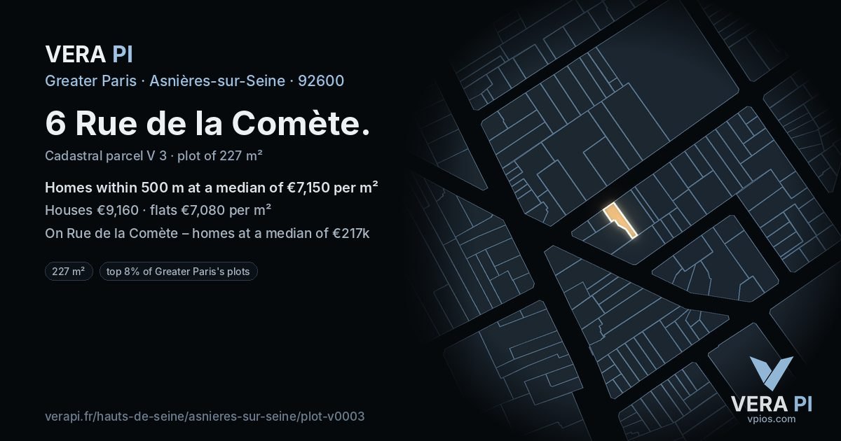 6 Rue de la Comète, Asnières-sur-Seine at night – the plot lit, the parcels around coloured by the prices near them