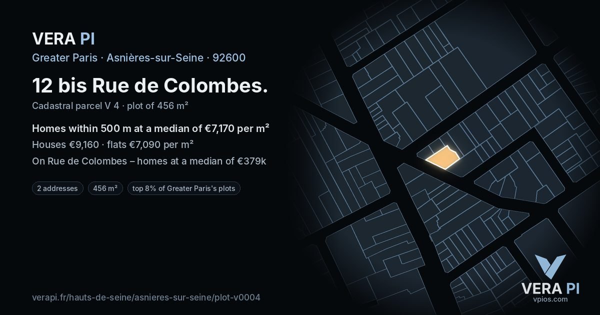 12 bis Rue de Colombes, Asnières-sur-Seine at night – the plot lit, the parcels around coloured by the prices near them