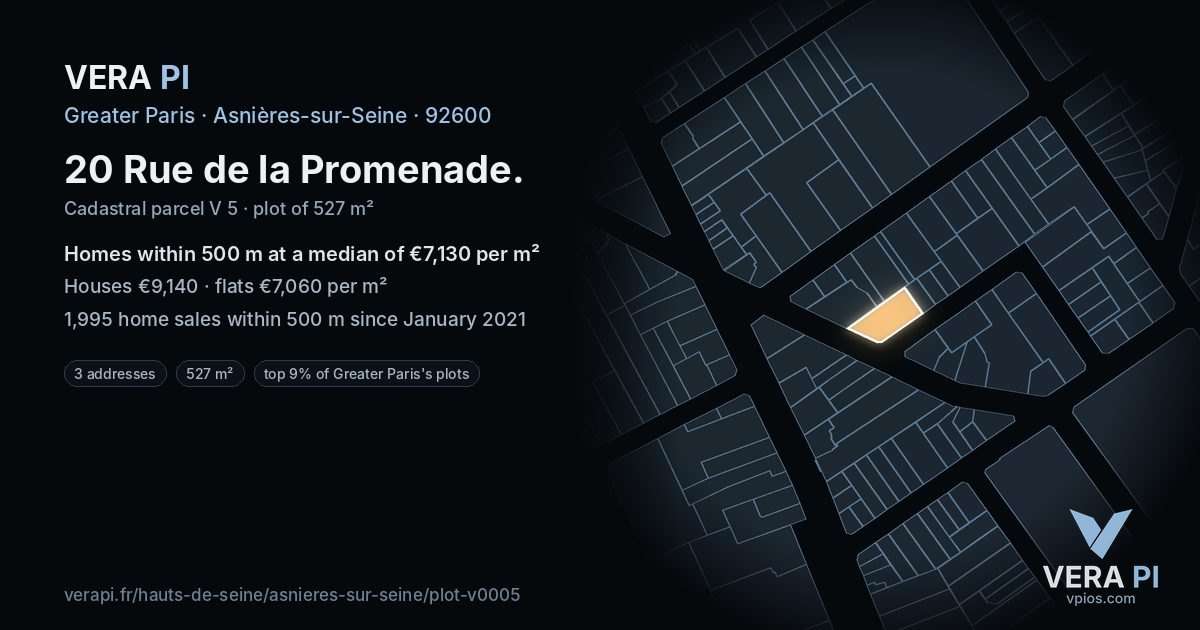 20 Rue de la Promenade, Asnières-sur-Seine at night – the plot lit, the parcels around coloured by the prices near them
