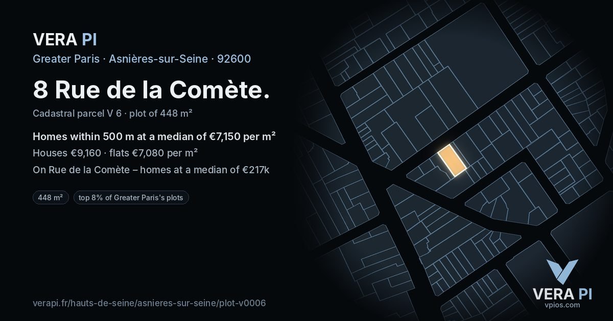 8 Rue de la Comète, Asnières-sur-Seine at night – the plot lit, the parcels around coloured by the prices near them