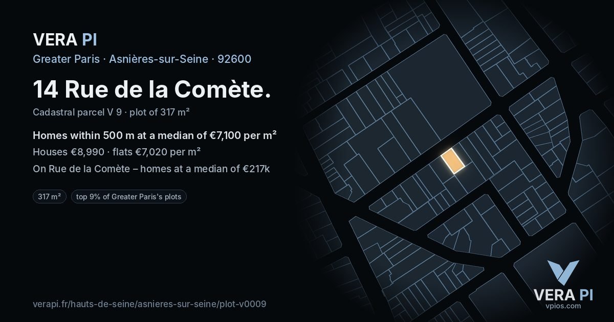 14 Rue de la Comète, Asnières-sur-Seine at night – the plot lit, the parcels around coloured by the prices near them