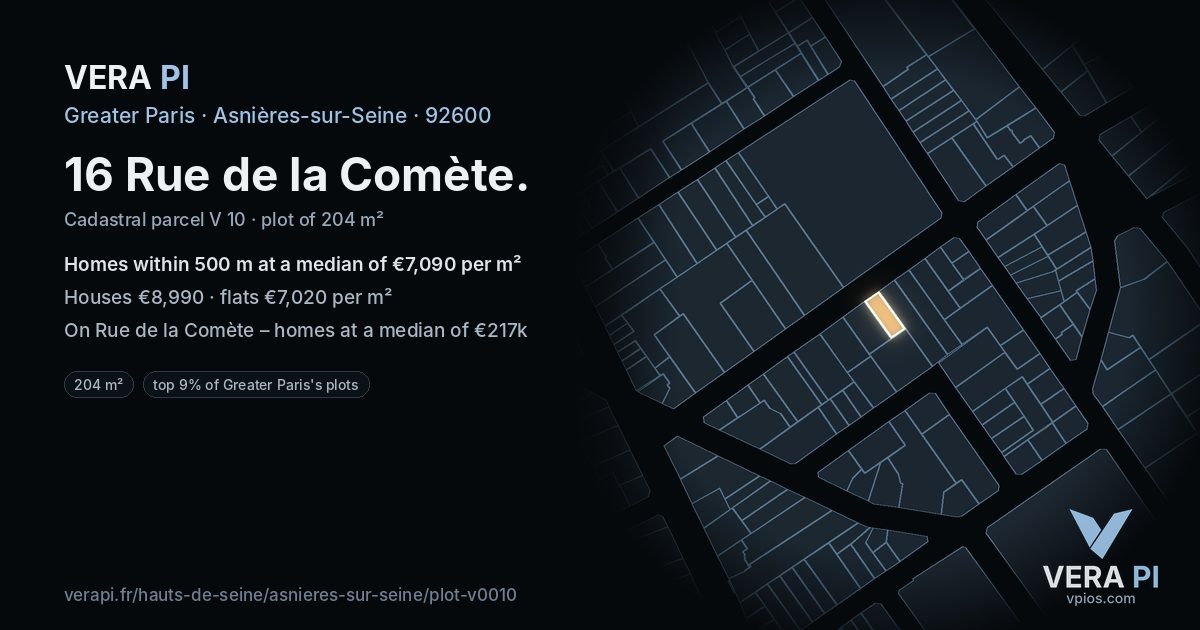 16 Rue de la Comète, Asnières-sur-Seine at night – the plot lit, the parcels around coloured by the prices near them