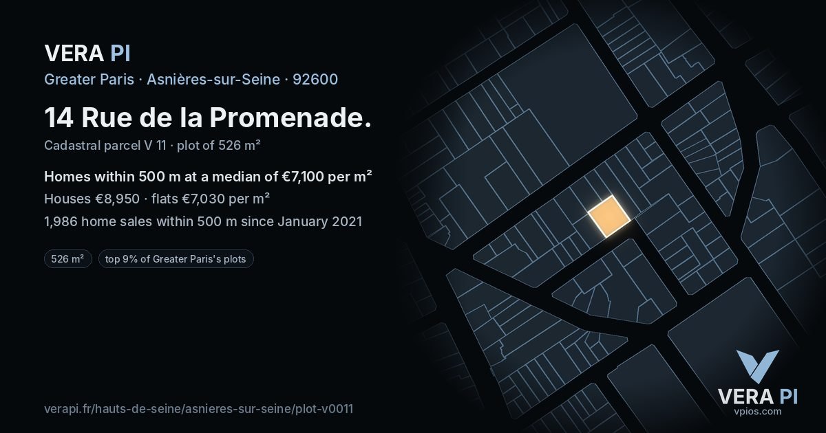 14 Rue de la Promenade, Asnières-sur-Seine at night – the plot lit, the parcels around coloured by the prices near them