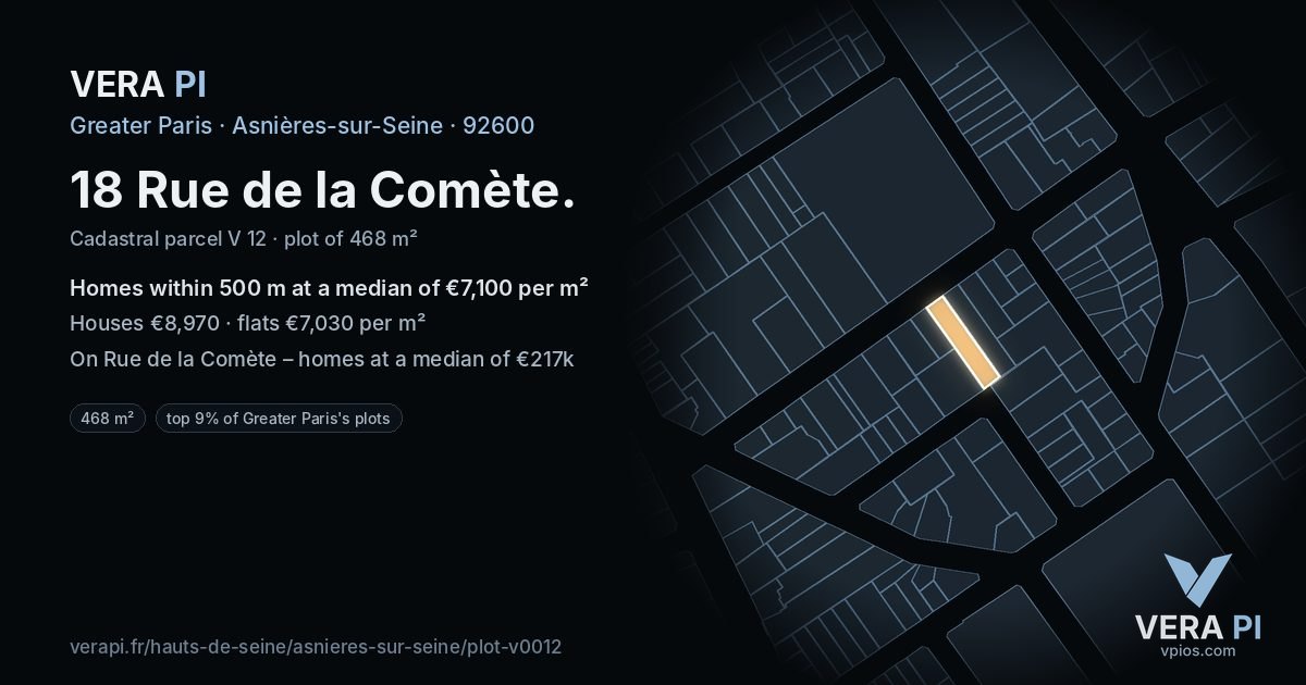 18 Rue de la Comète, Asnières-sur-Seine at night – the plot lit, the parcels around coloured by the prices near them