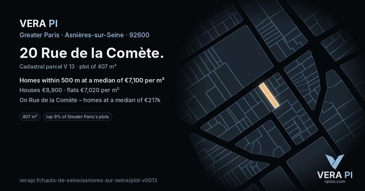 20 Rue de la Comète, Asnières-sur-Seine at night – the plot lit, the parcels around coloured by the prices near them