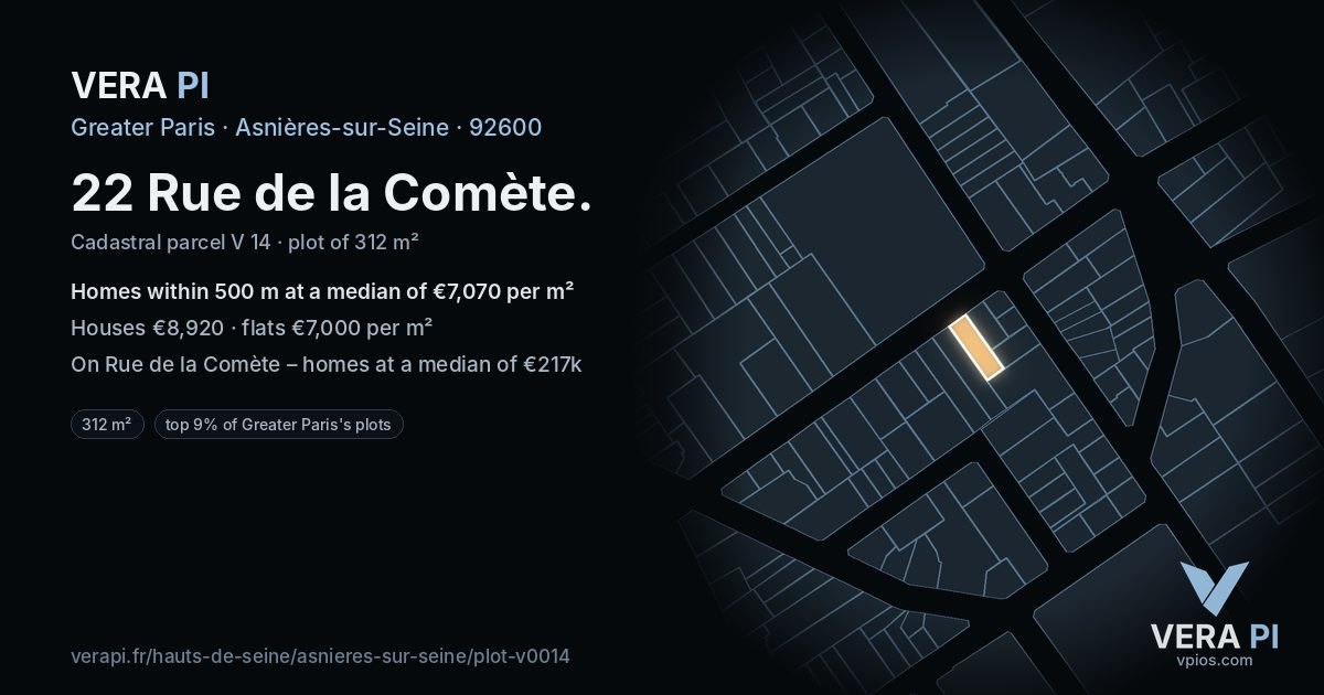 22 Rue de la Comète, Asnières-sur-Seine at night – the plot lit, the parcels around coloured by the prices near them