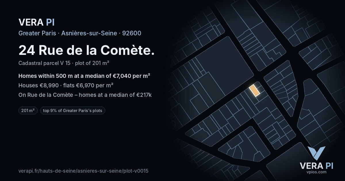 24 Rue de la Comète, Asnières-sur-Seine at night – the plot lit, the parcels around coloured by the prices near them