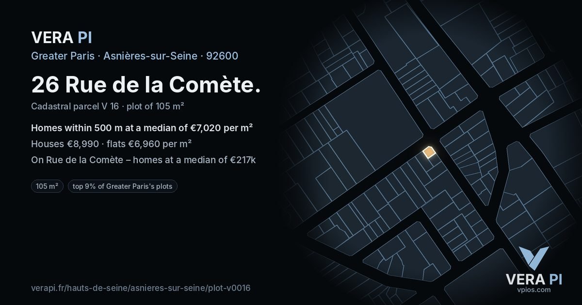 26 Rue de la Comète, Asnières-sur-Seine at night – the plot lit, the parcels around coloured by the prices near them