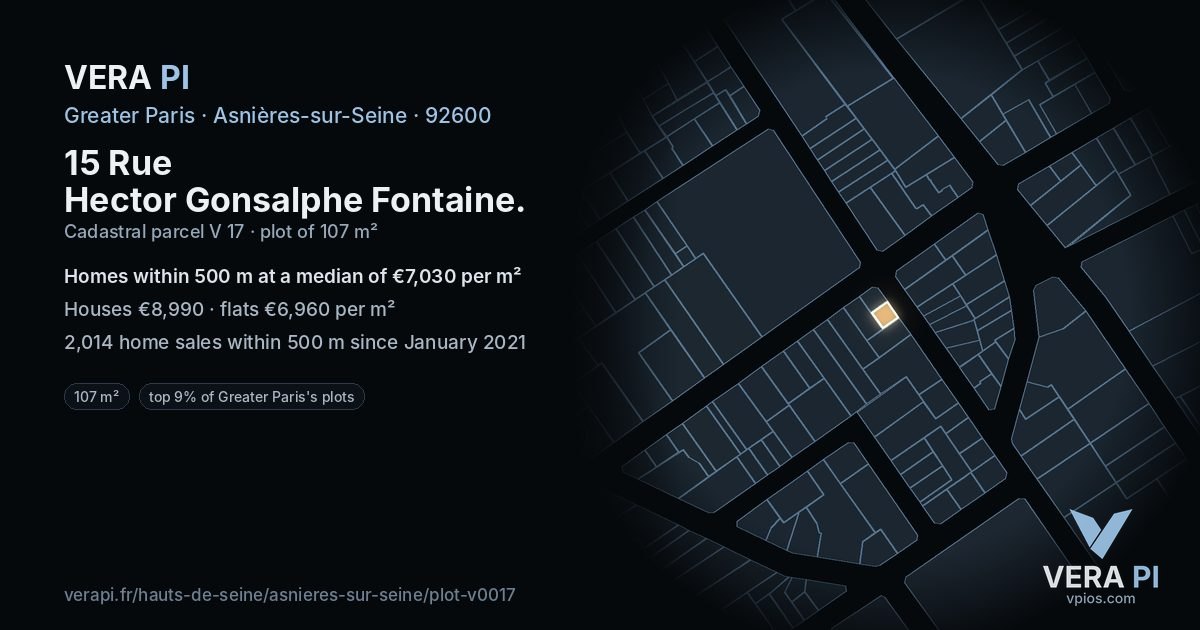 15 Rue Hector Gonsalphe Fontaine, Asnières-sur-Seine at night – the plot lit, the parcels around coloured by the prices near them