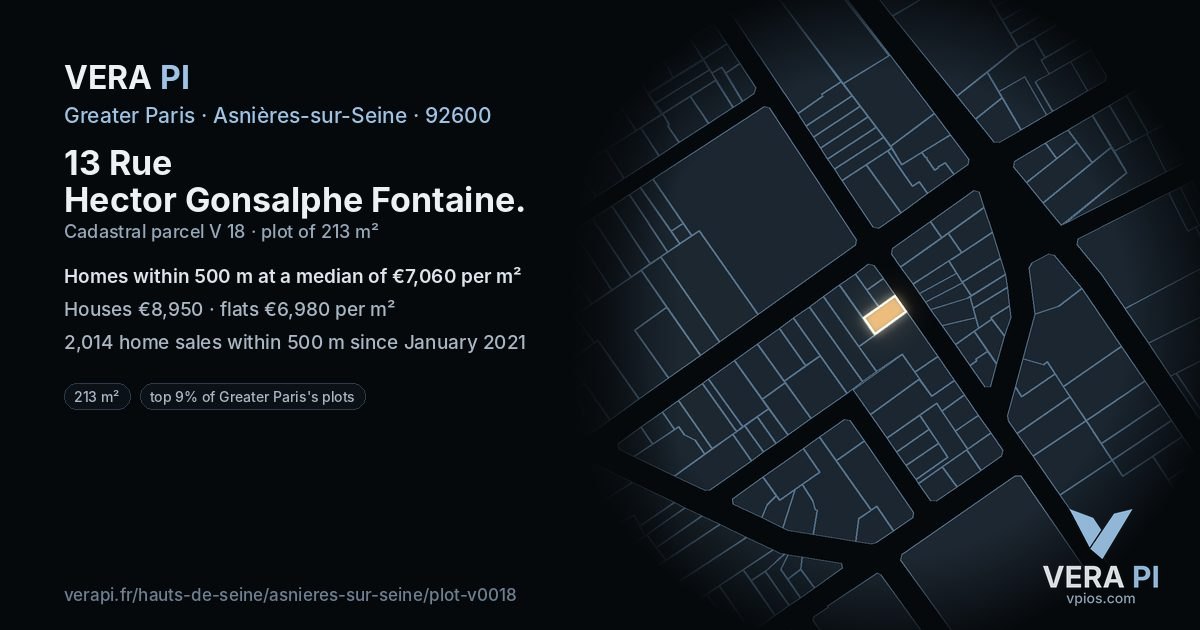 13 Rue Hector Gonsalphe Fontaine, Asnières-sur-Seine at night – the plot lit, the parcels around coloured by the prices near them
