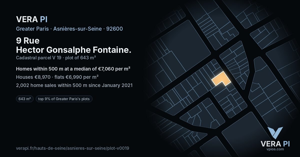 9 Rue Hector Gonsalphe Fontaine, Asnières-sur-Seine at night – the plot lit, the parcels around coloured by the prices near them