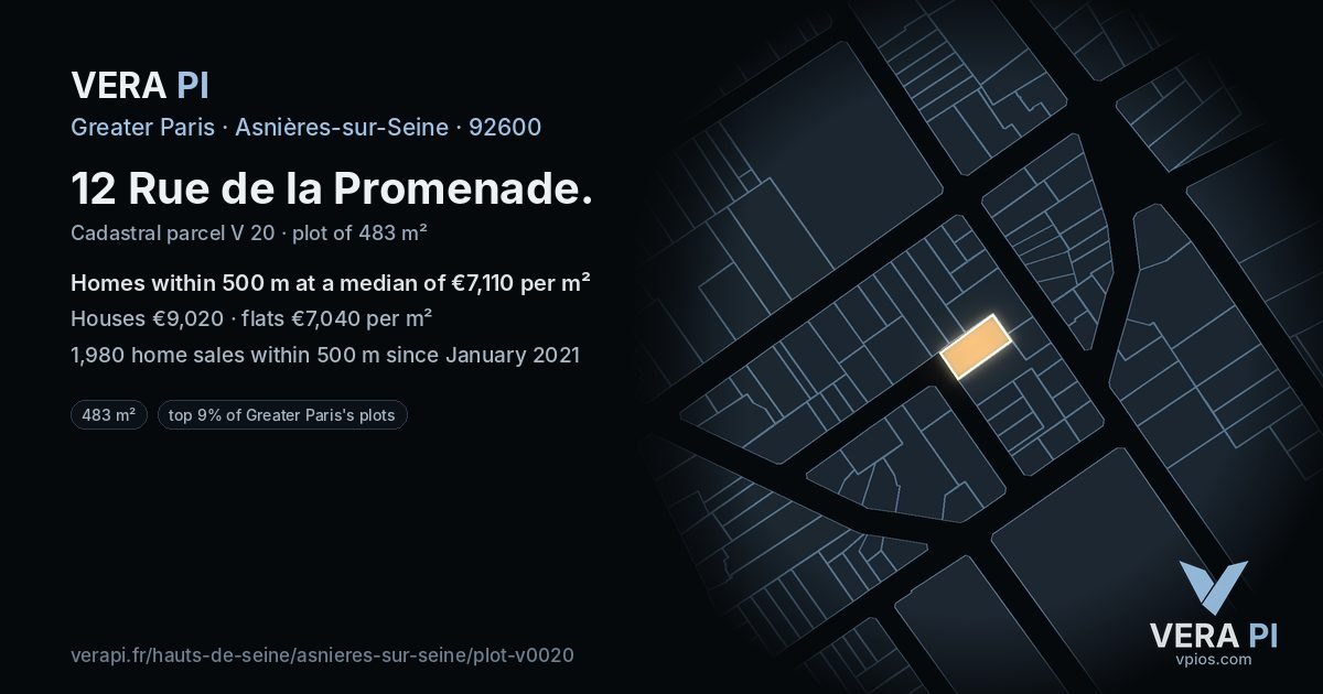 12 Rue de la Promenade, Asnières-sur-Seine at night – the plot lit, the parcels around coloured by the prices near them