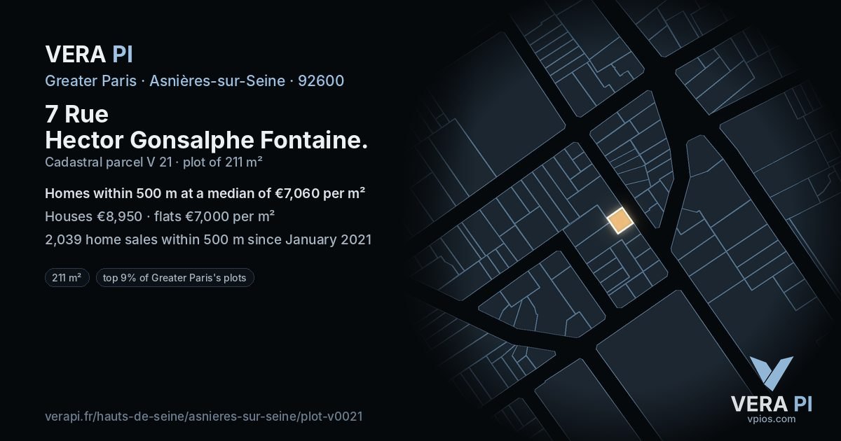 7 Rue Hector Gonsalphe Fontaine, Asnières-sur-Seine at night – the plot lit, the parcels around coloured by the prices near them