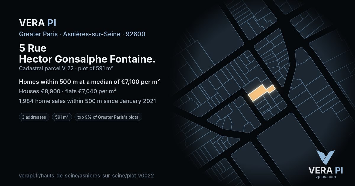 5 Rue Hector Gonsalphe Fontaine, Asnières-sur-Seine at night – the plot lit, the parcels around coloured by the prices near them