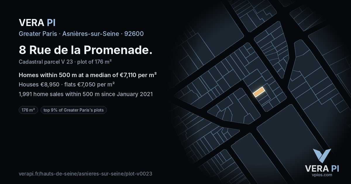 8 Rue de la Promenade, Asnières-sur-Seine at night – the plot lit, the parcels around coloured by the prices near them