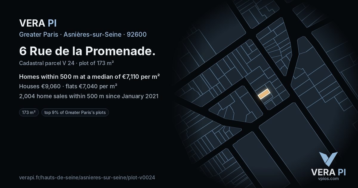 6 Rue de la Promenade, Asnières-sur-Seine at night – the plot lit, the parcels around coloured by the prices near them