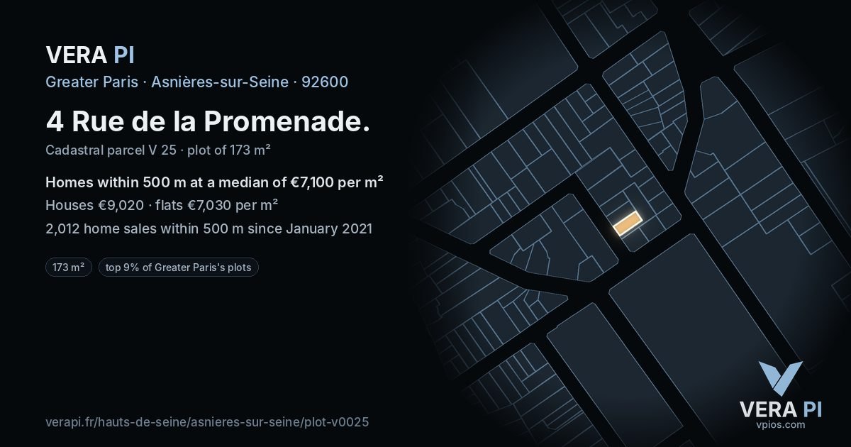 4 Rue de la Promenade, Asnières-sur-Seine at night – the plot lit, the parcels around coloured by the prices near them