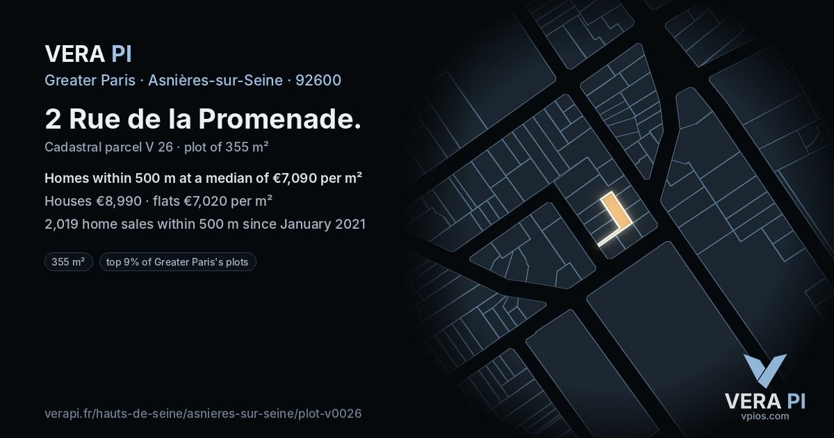 2 Rue de la Promenade, Asnières-sur-Seine at night – the plot lit, the parcels around coloured by the prices near them