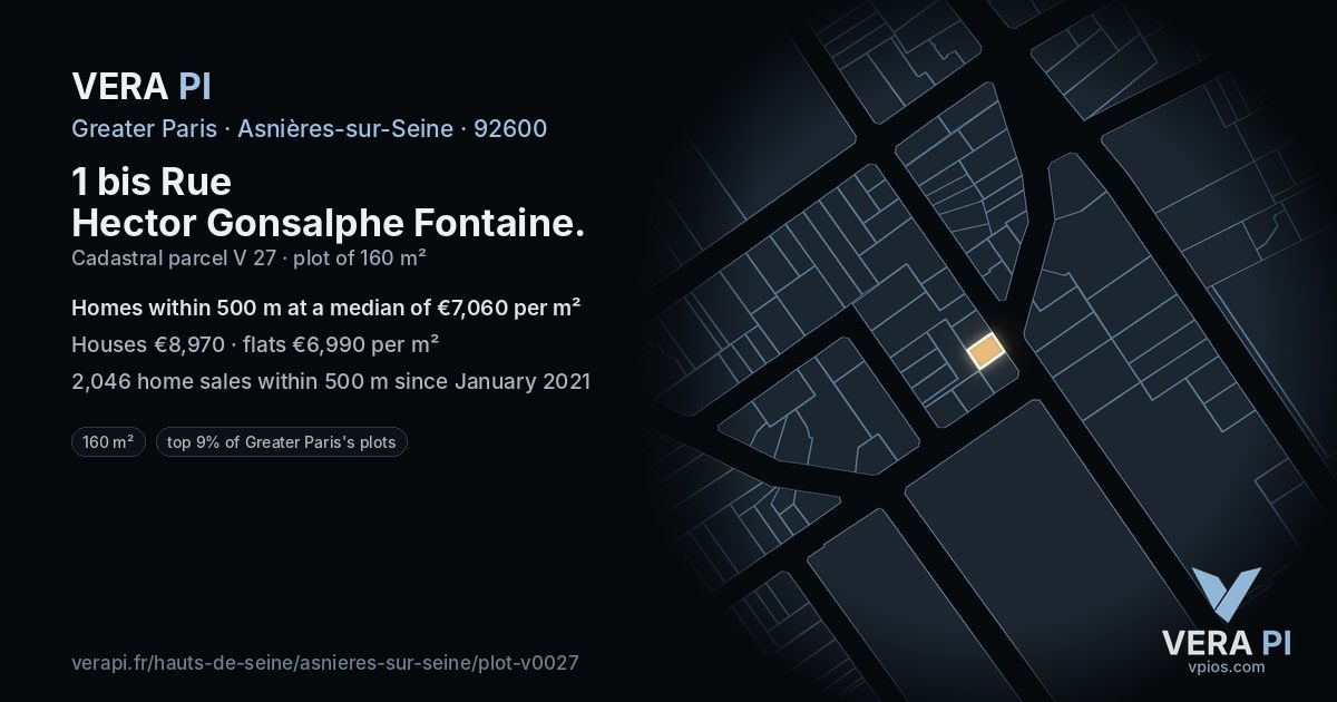 1 bis Rue Hector Gonsalphe Fontaine, Asnières-sur-Seine at night – the plot lit, the parcels around coloured by the prices near them