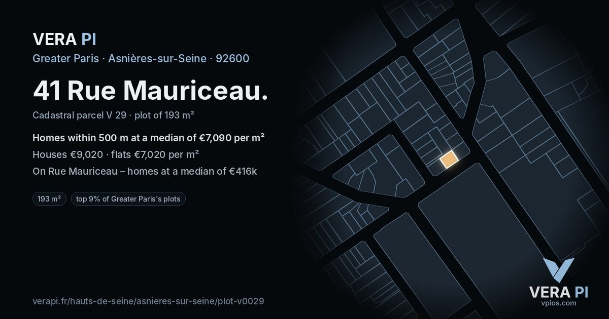 41 Rue Mauriceau, Asnières-sur-Seine at night – the plot lit, the parcels around coloured by the prices near them
