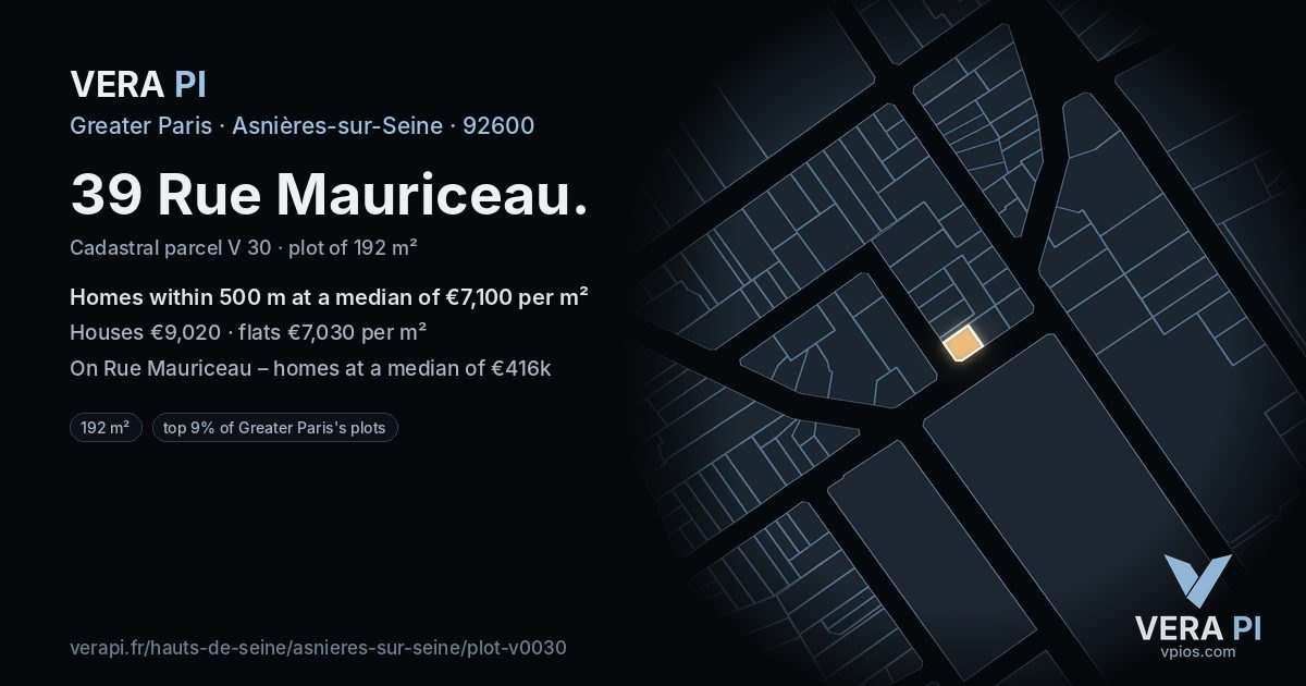 39 Rue Mauriceau, Asnières-sur-Seine at night – the plot lit, the parcels around coloured by the prices near them
