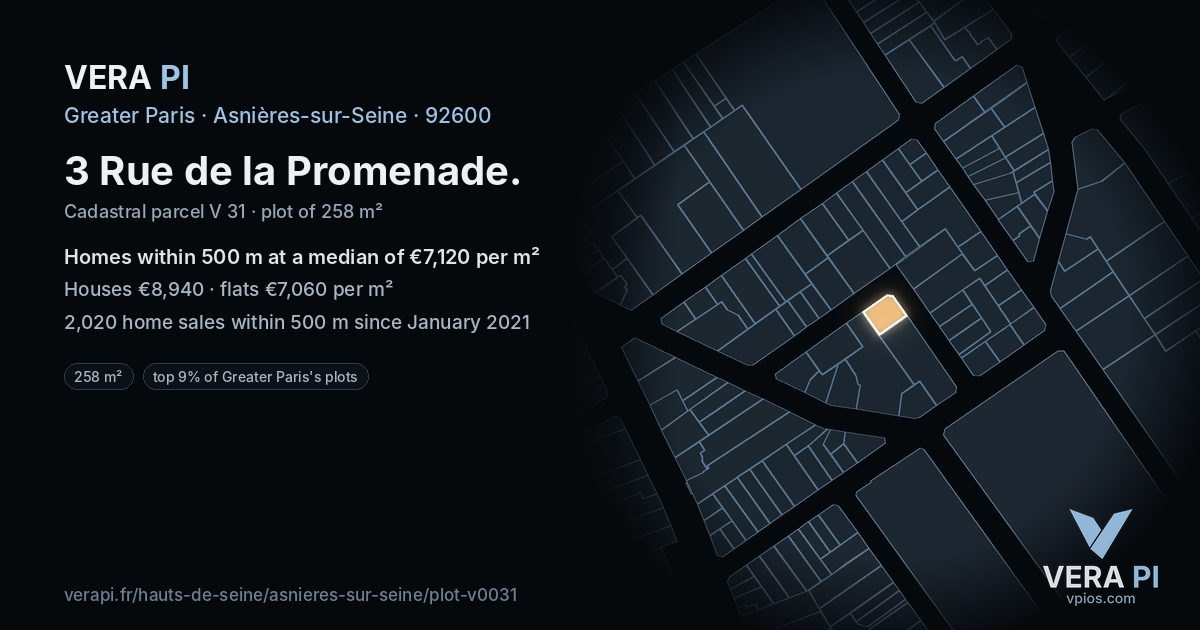 3 Rue de la Promenade, Asnières-sur-Seine at night – the plot lit, the parcels around coloured by the prices near them