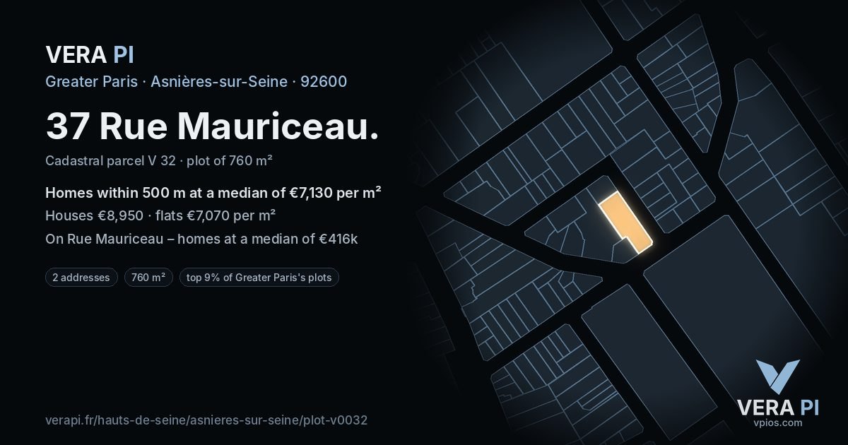 37 Rue Mauriceau, Asnières-sur-Seine at night – the plot lit, the parcels around coloured by the prices near them