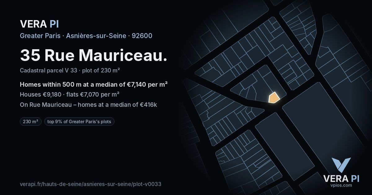35 Rue Mauriceau, Asnières-sur-Seine at night – the plot lit, the parcels around coloured by the prices near them