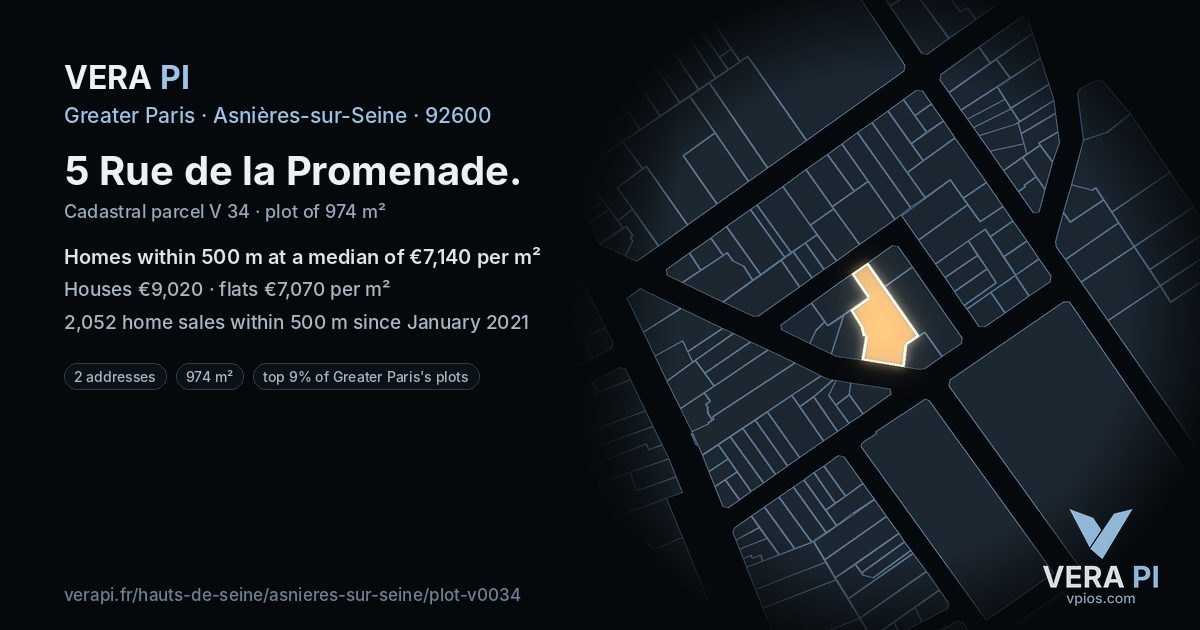 5 Rue de la Promenade, Asnières-sur-Seine at night – the plot lit, the parcels around coloured by the prices near them