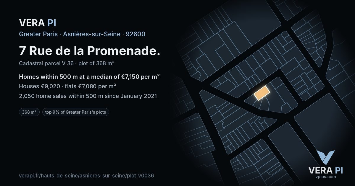 7 Rue de la Promenade, Asnières-sur-Seine at night – the plot lit, the parcels around coloured by the prices near them