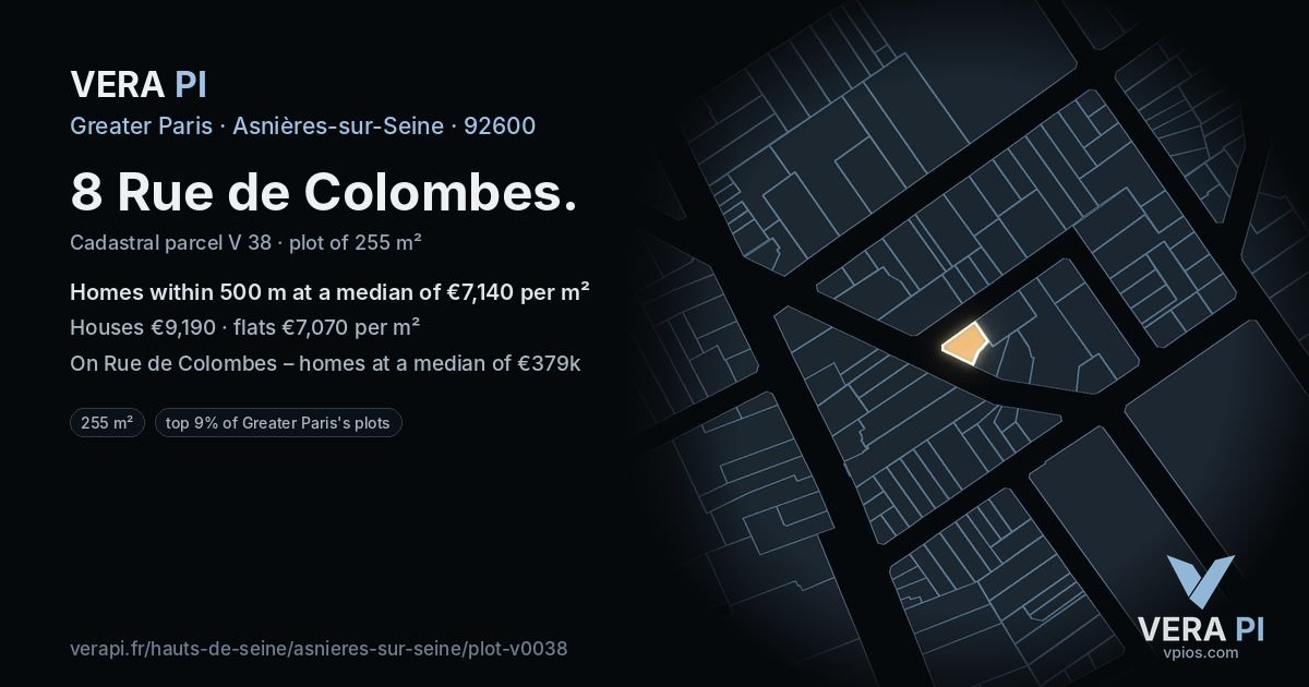8 Rue de Colombes, Asnières-sur-Seine at night – the plot lit, the parcels around coloured by the prices near them