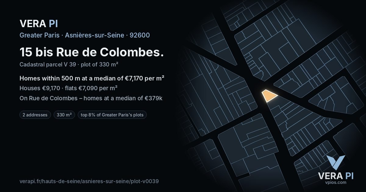 15 bis Rue de Colombes, Asnières-sur-Seine at night – the plot lit, the parcels around coloured by the prices near them