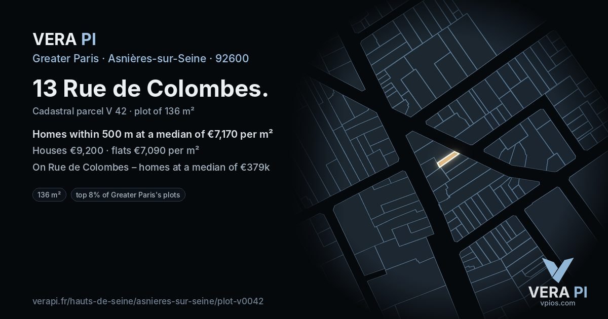 13 Rue de Colombes, Asnières-sur-Seine at night – the plot lit, the parcels around coloured by the prices near them